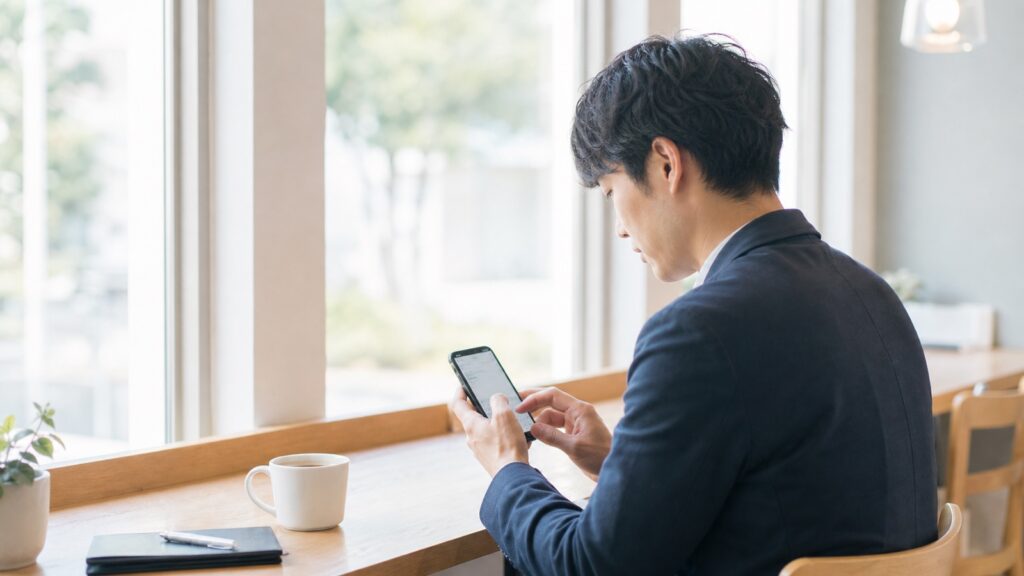 カフェですき間時間にスマホで作業する会社員(イメージ)