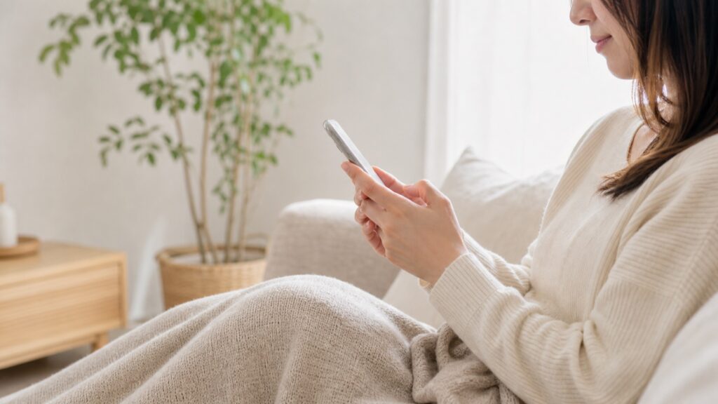 ソファでスマホを操作する女性(イメージ)