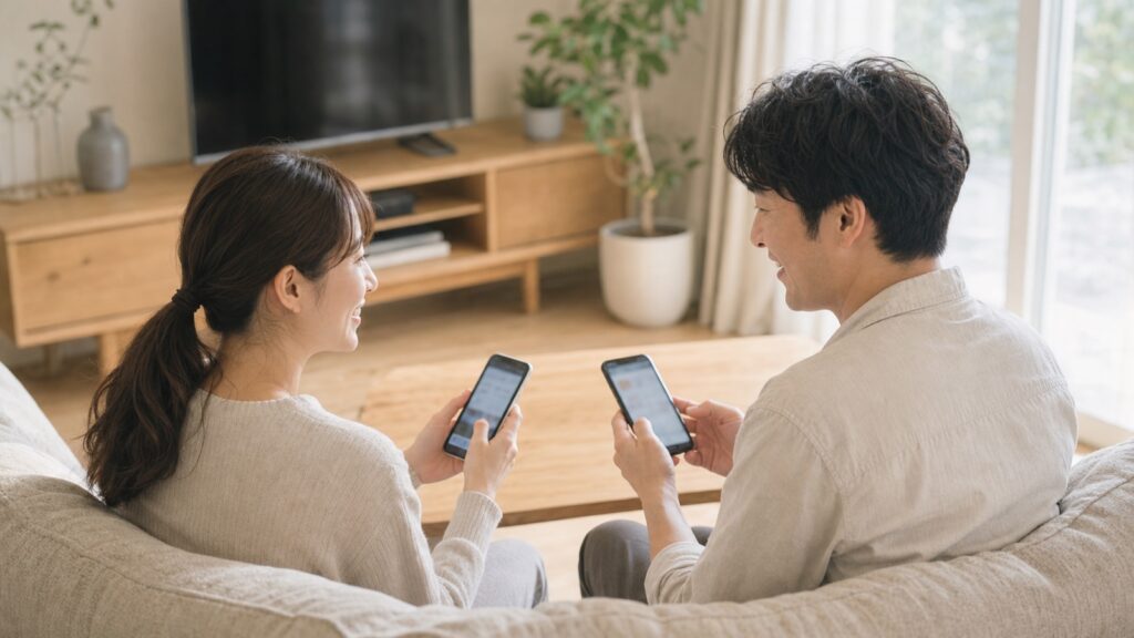 それぞれのスマホを持って相談する夫婦（イメージ）