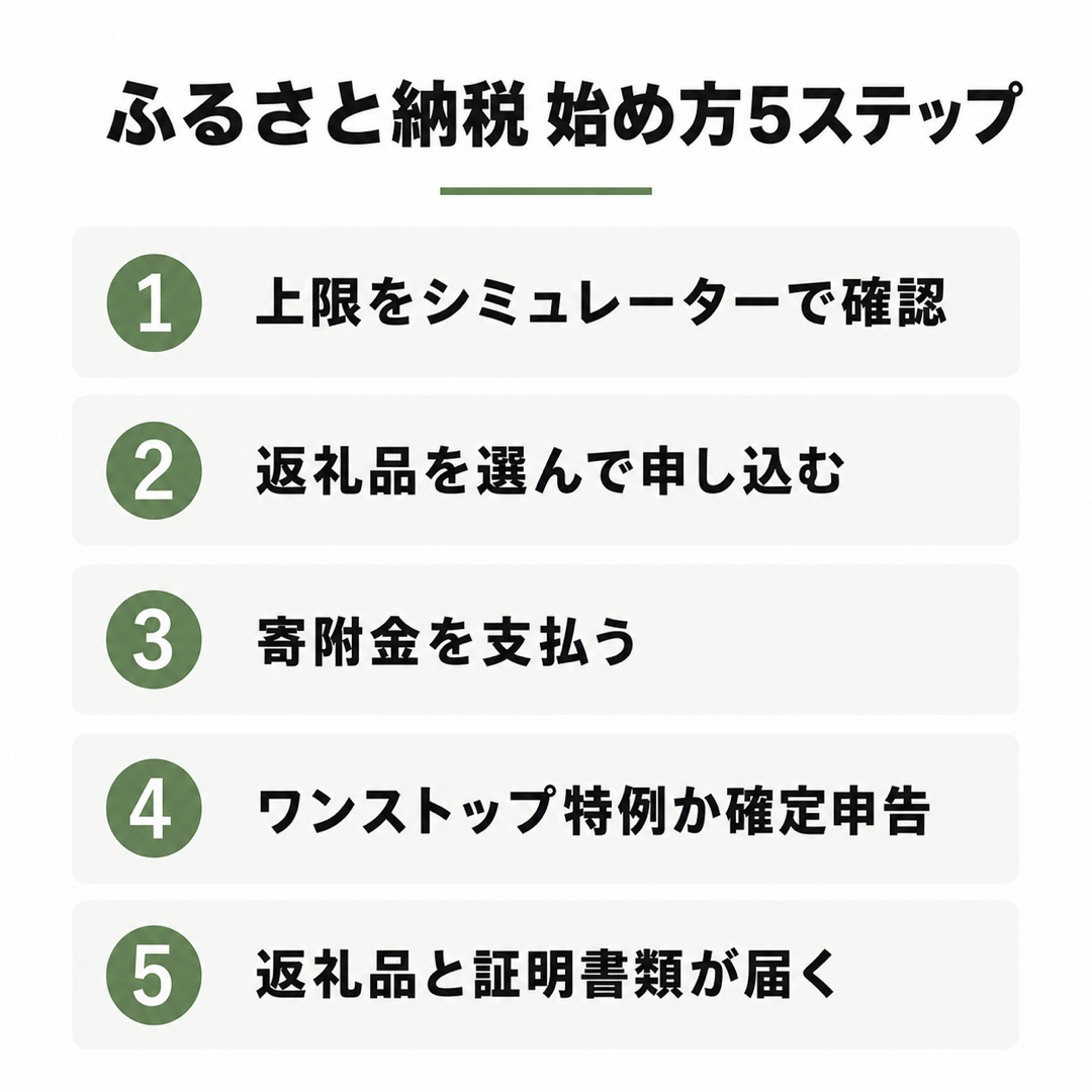 図解：ふるさと納税 始め方5ステップ（上限をシミュレーターで確認→返礼品を選んで申し込む→寄附金を支払う→ワンストップ特例か確定申告→返礼品と証明書類が届く）