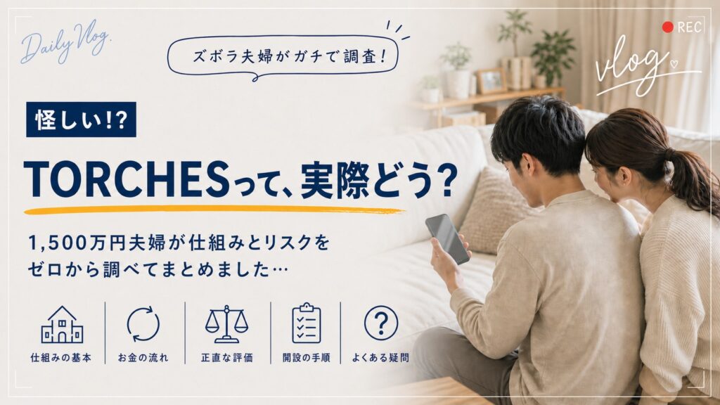 不動産クラウドファンディングTORCHESの仕組みとリスクを、夫婦がリビングでスマホを見ながら調べている様子