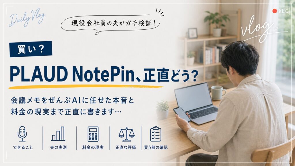 PLAUD NotePinを使った会議メモの自動化を、会社員の夫がデスクで検証している様子