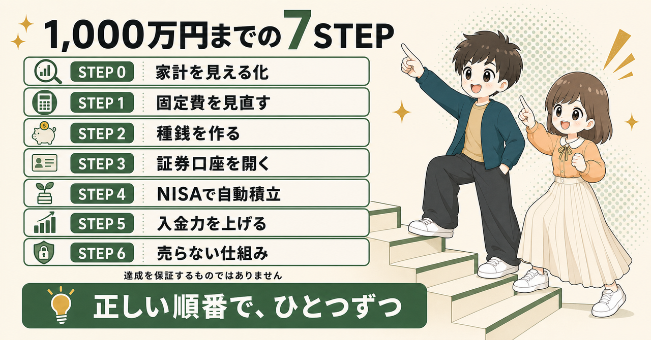 1,000万円までの7ステップ。STEP0家計を見える化、STEP1固定費を見直す、STEP2種銭を作る、STEP3証券口座を開く、STEP4NISAで自動積立、STEP5入金力を上げる、STEP6売らない仕組み