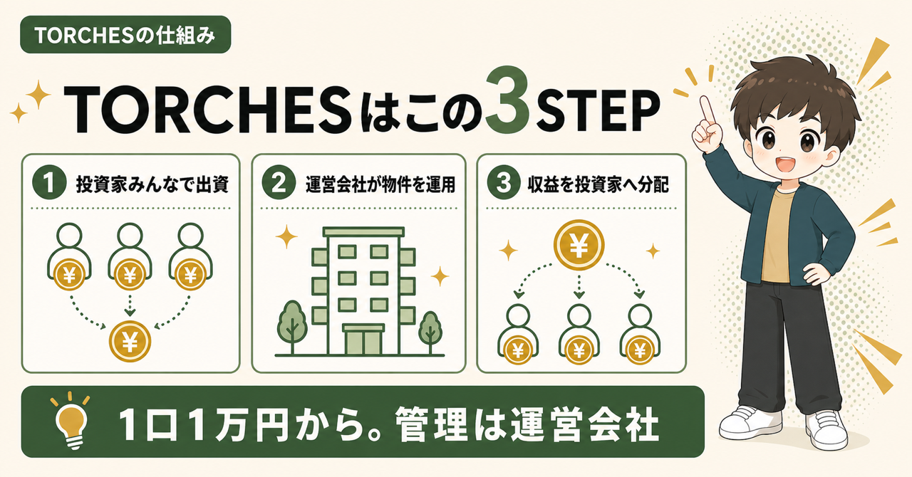 TORCHESはこの3STEP。投資家みんなで出資し、運営会社が物件を運用し、収益を投資家へ分配する。1口1万円から、管理は運営会社