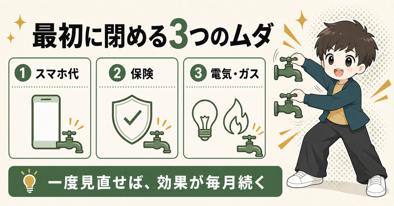 最初に閉める3つのムダ。スマホ代、保険、電気・ガス。一度見直せば効果が毎月続く