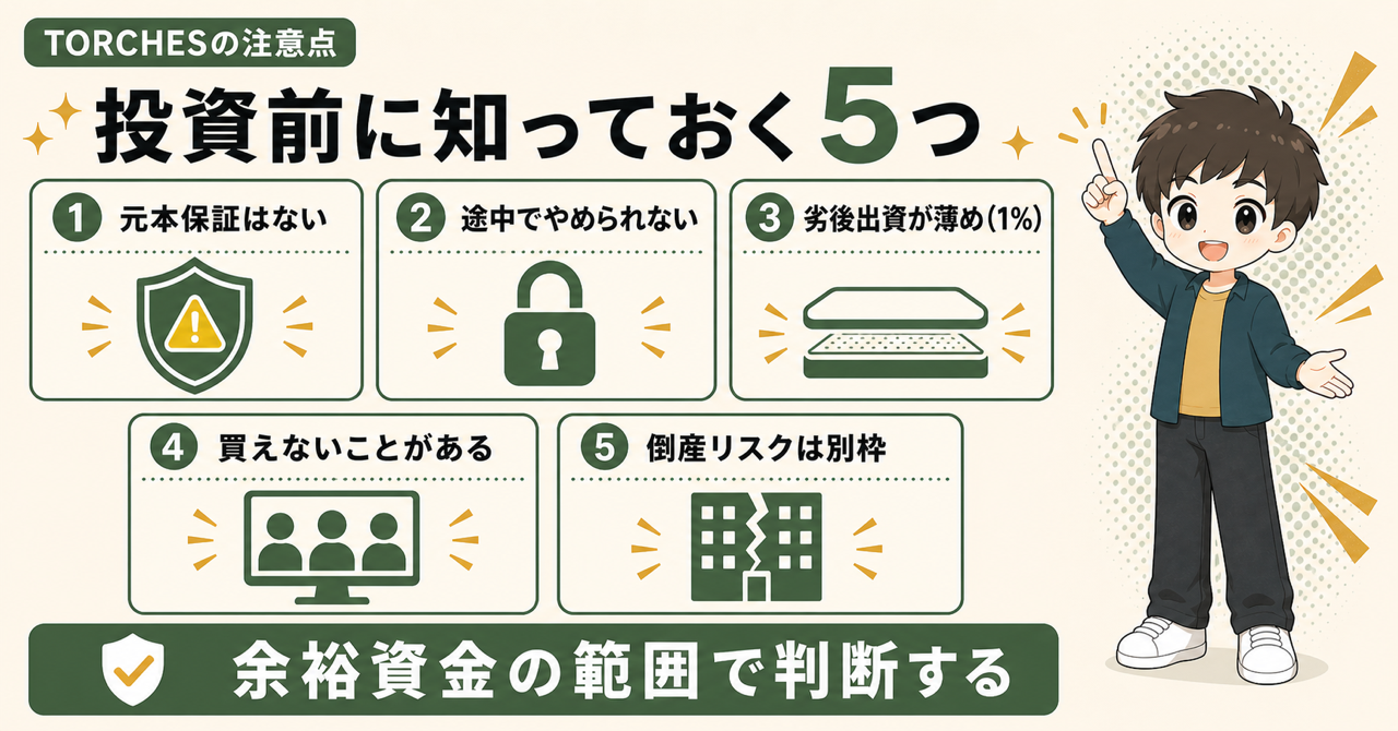 TORCHESへ投資する前に知っておく5つ。元本保証はない、途中でやめられない、劣後出資が薄め（1%）、買えないことがある、倒産リスクは別枠。余裕資金の範囲で判断する