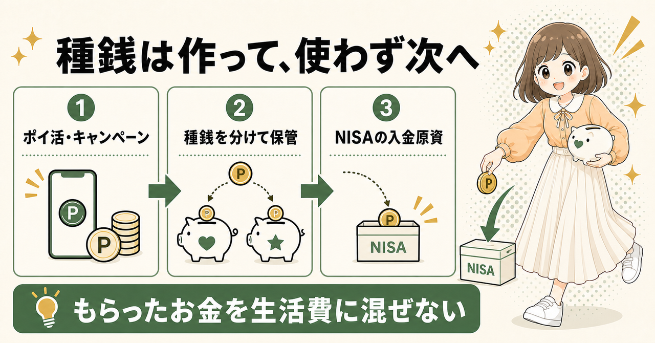 種銭は作って使わず次へ。ポイ活やキャンペーンで作ったお金を、種銭として分けて保管し、NISAの入金原資にする流れ。もらったお金を生活費に混ぜない