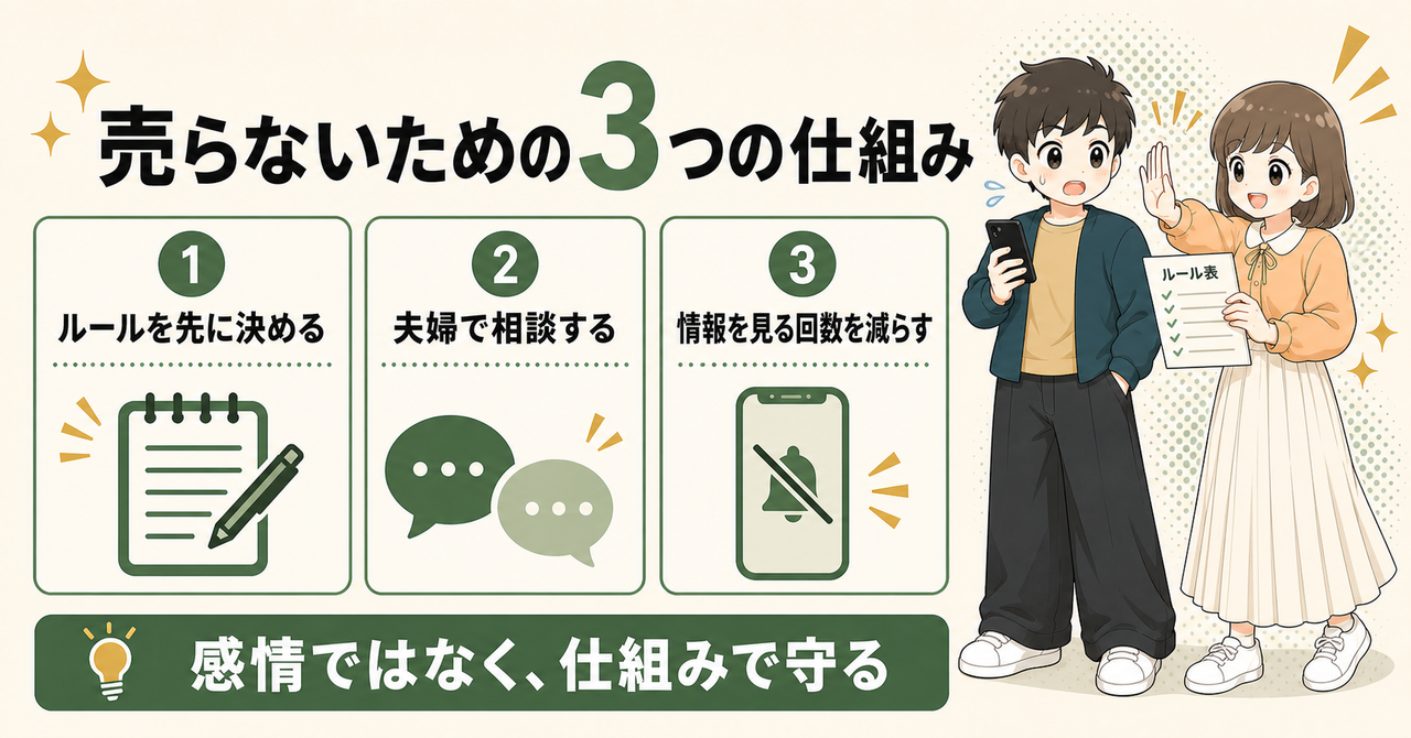 売らないための3つの仕組み。ルールを先に決める、夫婦で相談する、情報を見る回数を減らす。感情ではなく仕組みで守る