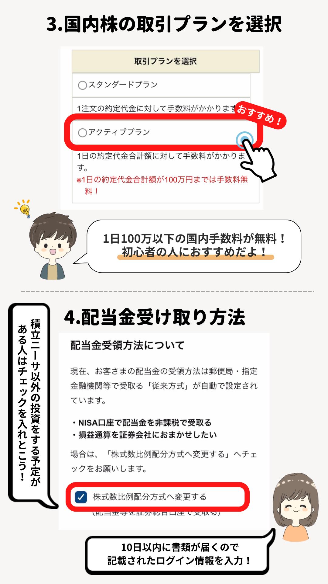 開設後の初期設定3〜4。国内株の取引プランで「アクティブプラン」（1日の約定代金合計額が100万円までは手数料無料）を選び、配当金受領方法で「株式数比例配分方式へ変更する」にチェックを入れる画面