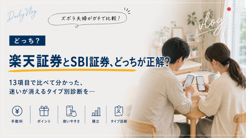 楽天証券とSBI証券を13項目でガチ比較。手数料・ポイント・使いやすさ・積立を比べて、迷いが消えるタイプ別診断つきで自分に合う証券会社が分かる記事のアイキャッチ