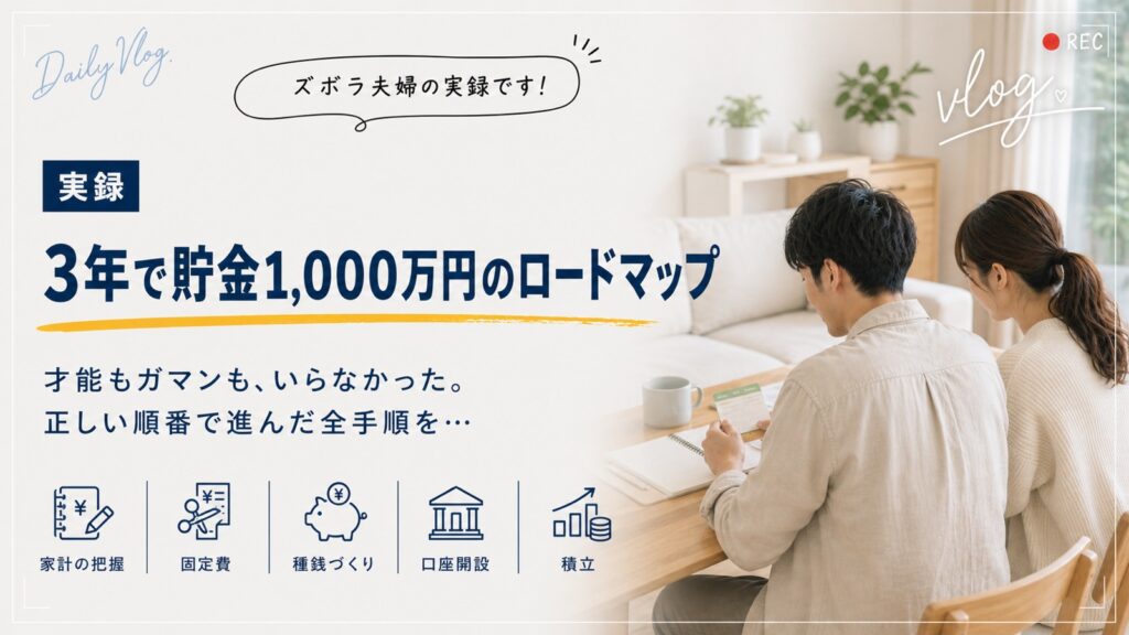 30代共働き夫婦が3年で貯金1,000万円を達成したロードマップ。家計の把握・固定費・種銭づくり・口座開設・積立の順に進んだ全手順を実録で公開する記事のアイキャッチ