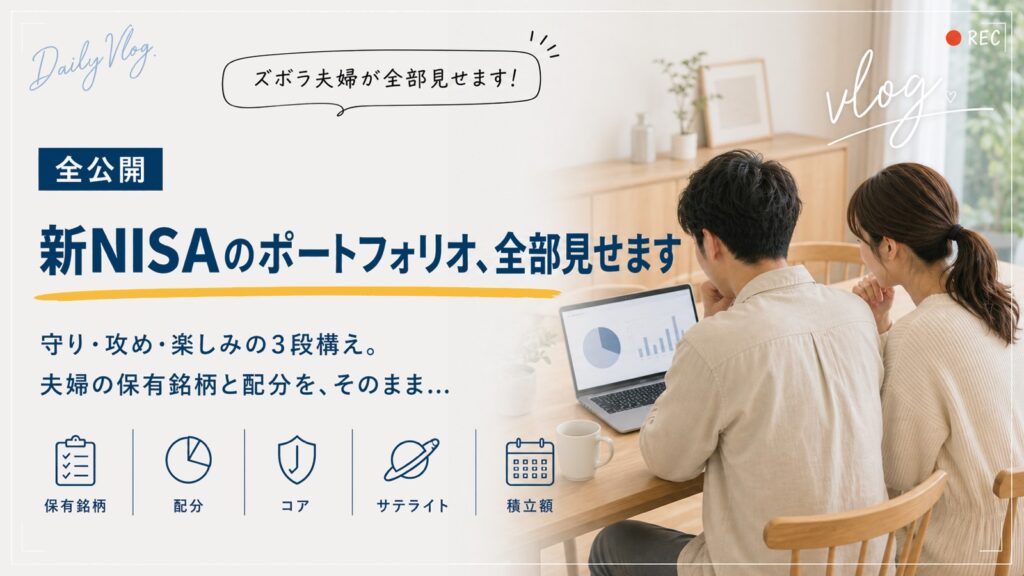 新NISAのポートフォリオを全公開。守り・攻め・楽しみの3段構えで、ズボラ夫婦の保有銘柄と配分・積立額をそのまま見せる記事のアイキャッチ