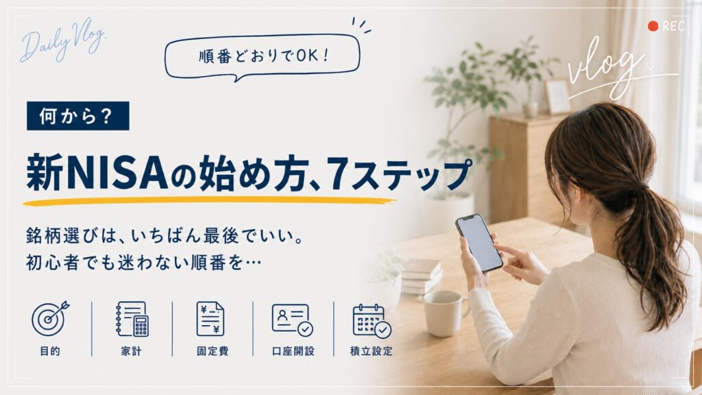 新NISAの始め方を7ステップで解説。目的・家計・固定費・口座開設・積立設定の順に進めれば、銘柄選びは最後でいい。初心者でも迷わない順番を示す記事のアイキャッチ