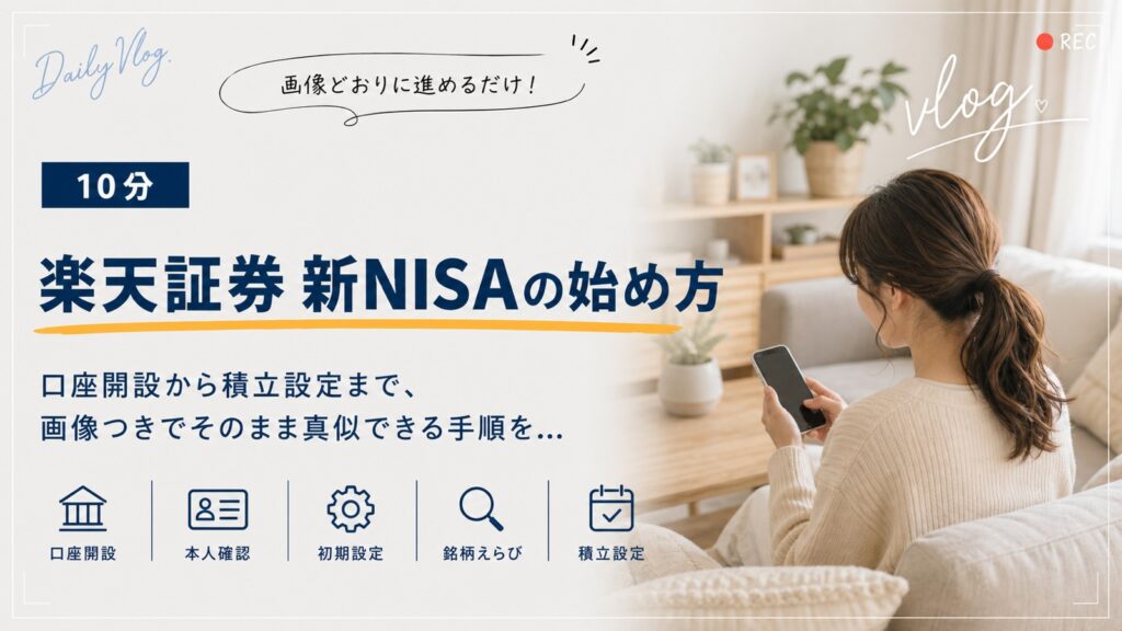 楽天証券で新NISAを始める手順。口座開設・本人確認・初期設定・銘柄えらび・積立設定まで、スマホで10分・画像つきでそのまま真似できる手順を解説する記事のアイキャッチ
