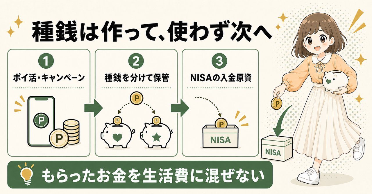 種銭は作って使わず次へ。ポイ活やキャンペーンで作ったお金を、種銭として分けて保管し、NISAの入金原資にする流れ。もらったお金を生活費に混ぜない