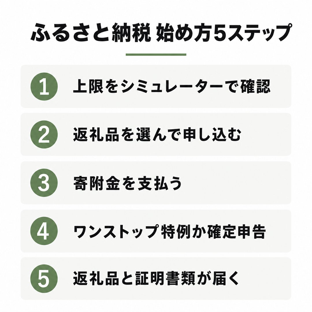 図解:ふるさと納税 始め方5ステップ(上限をシミュレーターで確認→返礼品を選んで申し込む→寄附金を支払う→ワンストップ特例か確定申告→返礼品と証明書類が届く)