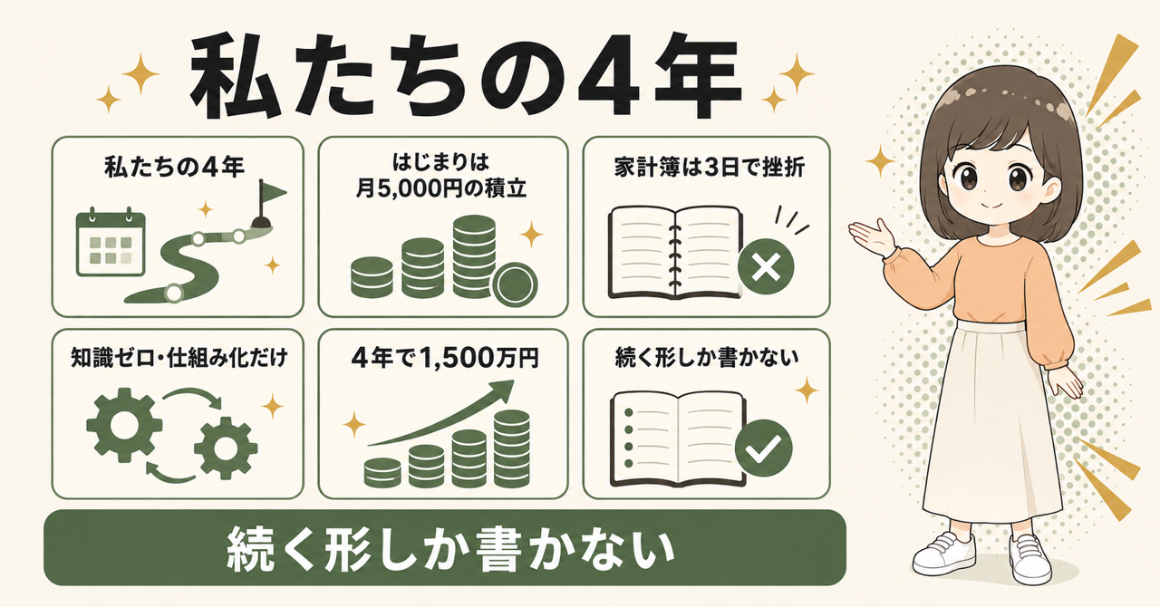 むぅ夫婦の4年。月5,000円の積立から始めて、知識ゼロから仕組み化だけで資産1,500万円へ。家計簿は3日で挫折した